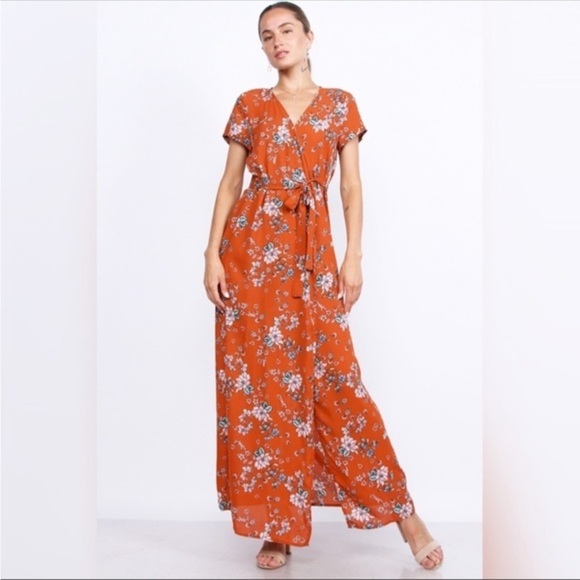 BNWT OLIVACEOUS Floral Maxi Wrap Dress, Burnt Orange Floral Print - Picture 3 of 5